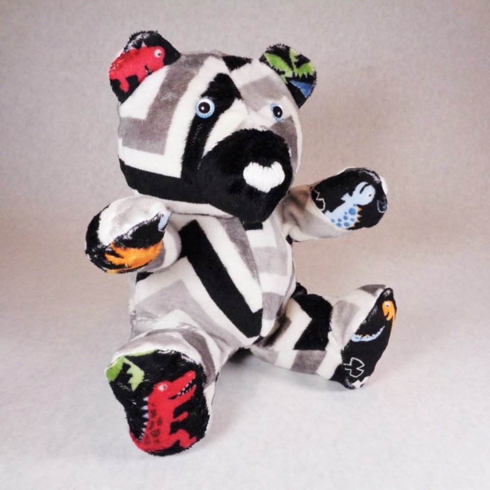 Chevron and Dinosaur Plush Teddy Bear, Unique Bear Stuffie, Black and White Litt